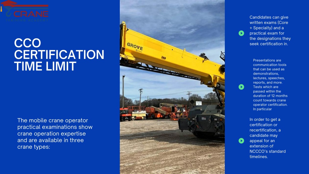Detailed view of CCO Exam Time Management implementation showing proper crane setup and rigging configuration as required by OSHA 29 CFR 1926 regulations and ASME B30.5 standards for certified operators