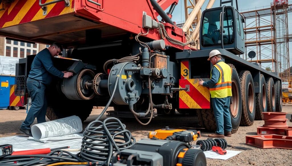 Step-by-step demonstration of Crane Lubrication Guide showing load chart interpretation, boom angle calculations, and outrigger positioning per NCCCO certification requirements and ASME standards