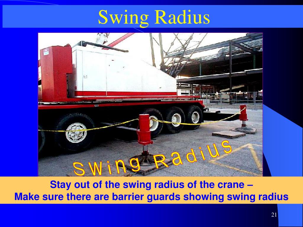 Detailed view of Crane Swing Radius Safety implementation showing proper crane setup and rigging configuration as required by OSHA 29 CFR 1926 regulations and ASME B30.5 standards for certified operators