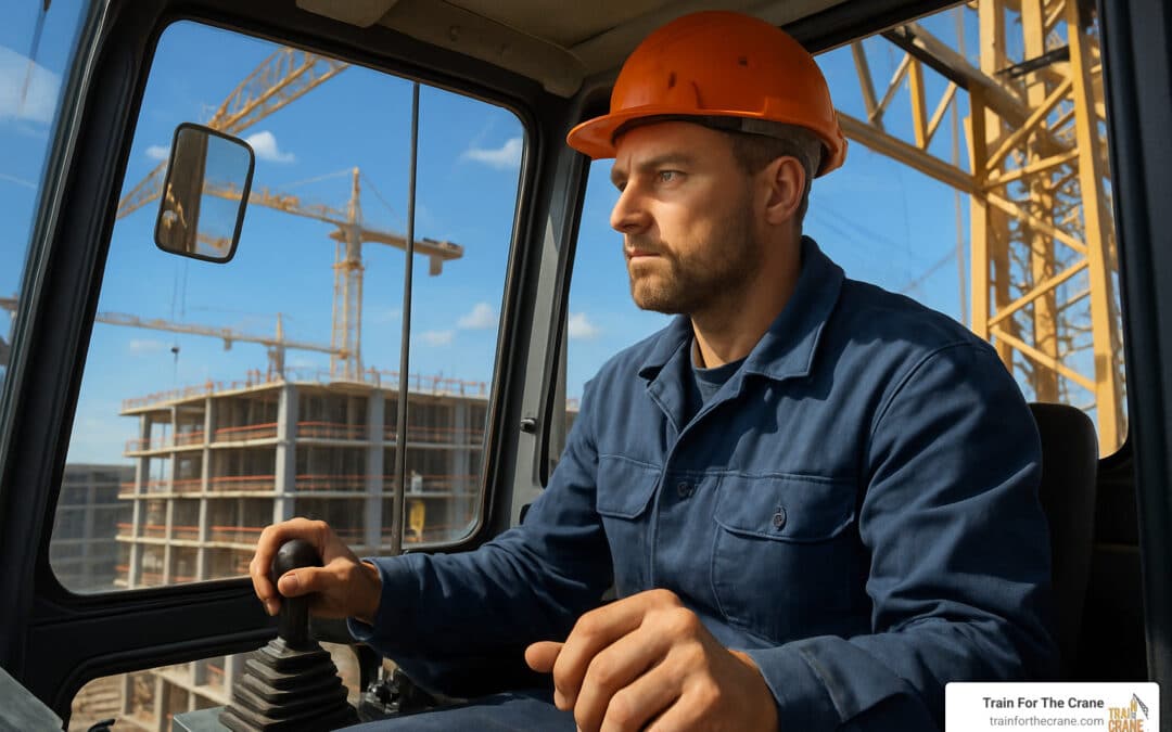 Complete overview of NCCCO Certification Verification for Employers featuring certified crane operator executing lift plan with proper hand signals, ground crew coordination, and safety zone establishment per OSHA regulations