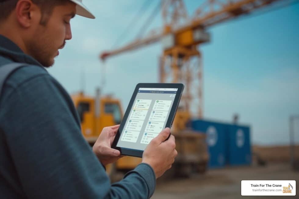 Complete overview of NCCCO Exam Pass Rates by Certification Type featuring certified crane operator executing lift plan with proper hand signals, ground crew coordination, and safety zone establishment per OSHA regulations