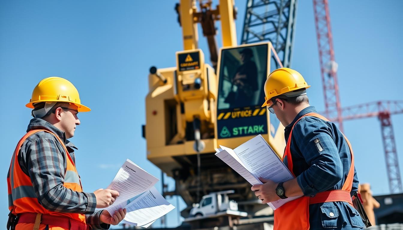Complete overview of Equipment Used on NCCCO Practical Exams featuring certified crane operator executing lift plan with proper hand signals, ground crew coordination, and safety zone establishment per OSHA regulations