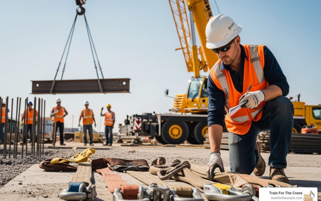 Professional crane operator demonstrating NCCCO Rigger Level 1 Certification Guide techniques on an active construction site - essential knowledge for NCCCO certification exam preparation covering rigger certification safety protocols and operational procedures
