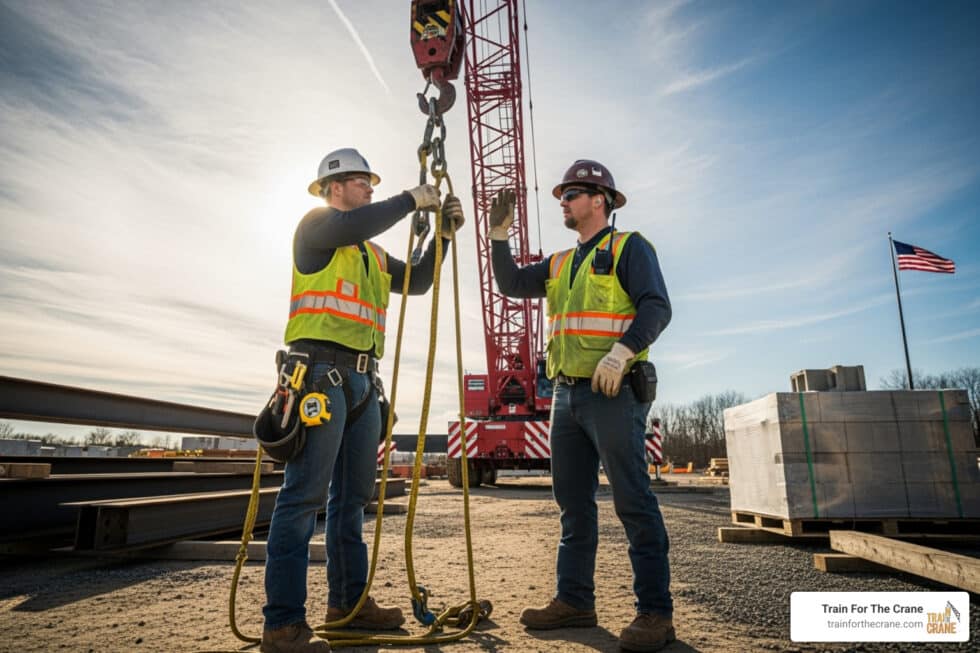 Crane operator performing signalperson certification procedures during pre-shift inspection - critical skills tested on NCCCO written and practical exams for LAT and TSS certification