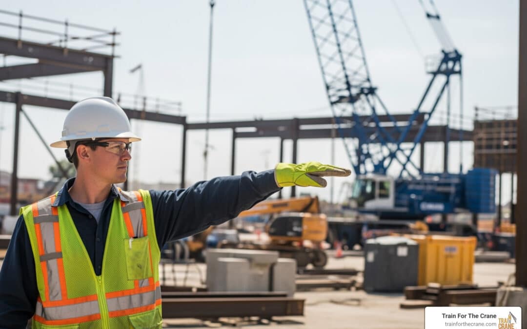 Detailed view of NCCCO Signalperson Certification Guide implementation showing proper crane setup and rigging configuration as required by OSHA 29 CFR 1926 regulations and ASME B30.5 standards for certified operators