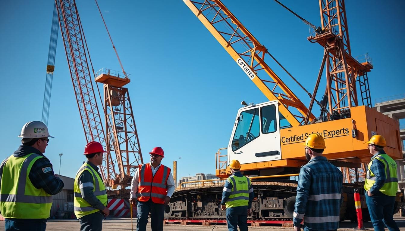 Professional crane operator demonstrating OSHA Crane Emergency Response Procedures techniques on an active construction site - essential knowledge for NCCCO certification exam preparation covering crane emergency procedures safety protocols and operational procedures