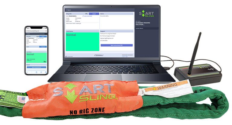 Detailed view of Automated Rigging and Smart Sling Technology implementation showing proper crane setup and rigging configuration as required by OSHA 29 CFR 1926 regulations and ASME B30.5 standards for certified operators