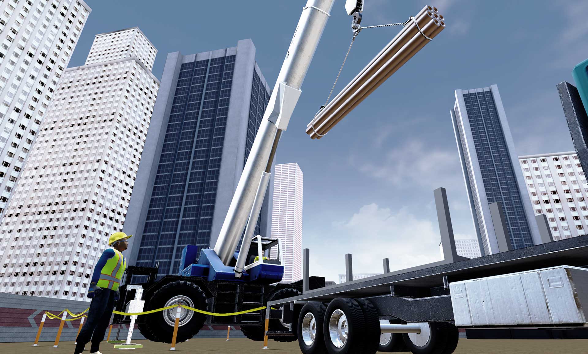 Complete overview of Virtual Reality Crane Operator Training featuring certified crane operator executing lift plan with proper hand signals, ground crew coordination, and safety zone establishment per OSHA regulations