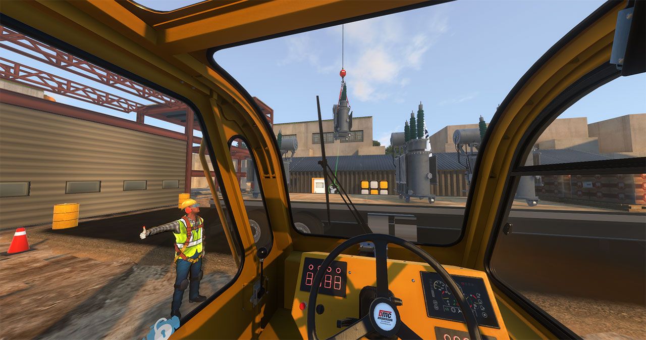 Step-by-step demonstration of Virtual Reality Crane Operator Training showing load chart interpretation, boom angle calculations, and outrigger positioning per NCCCO certification requirements and ASME standards