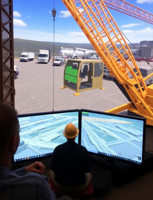 Professional crane operator demonstrating Virtual Reality Crane Operator Training techniques on an active construction site - essential knowledge for NCCCO certification exam preparation covering vr crane training safety protocols and operational procedures