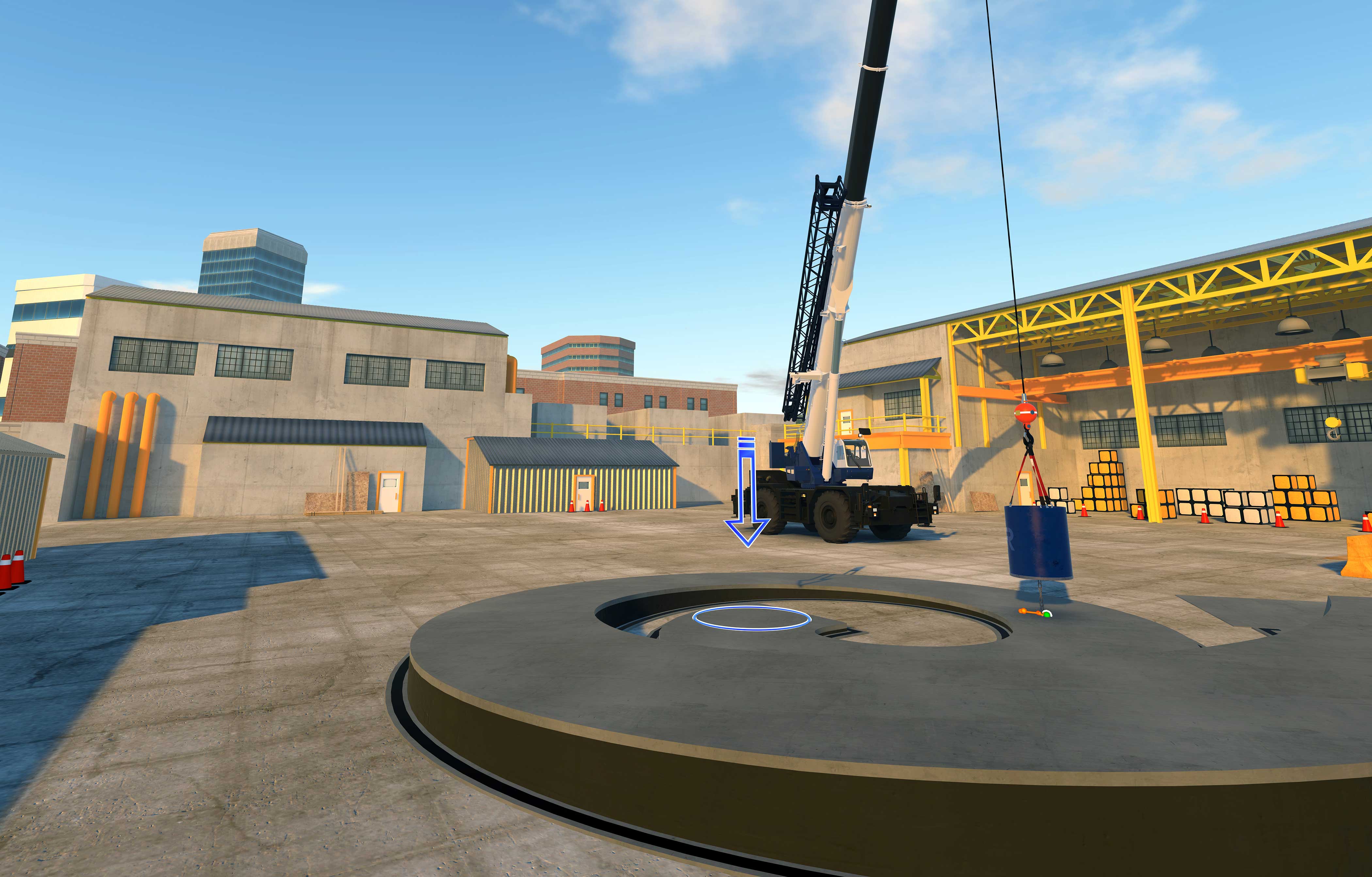 Detailed view of Virtual Reality Crane Operator Training implementation showing proper crane setup and rigging configuration as required by OSHA 29 CFR 1926 regulations and ASME B30.5 standards for certified operators